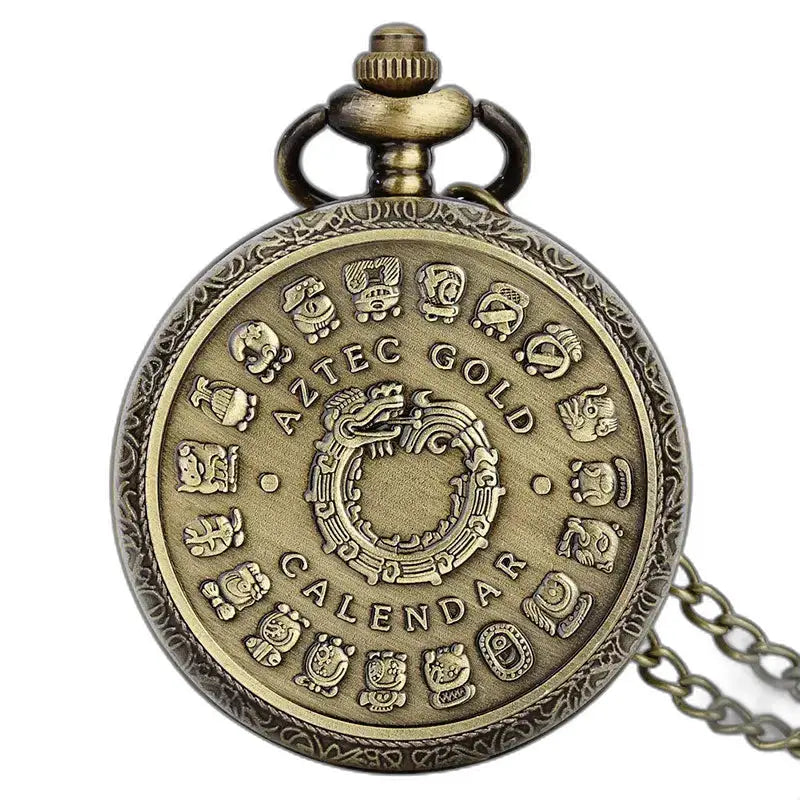 Vintage bronzen Mandala kettingzakhorloge met een bronzen Azteekse kalenderhanger