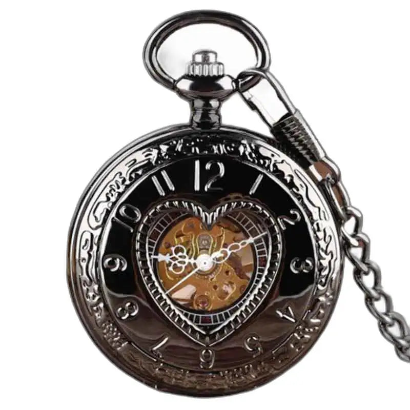 Dameszakhorloge met handmatig mechanisme, zwart hartvormig zakhorloge met zichtbaar mechanisme