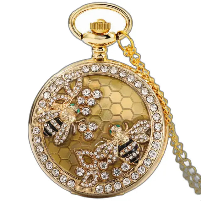 Dames zakhorloge chique gouden bijenketting met bijenmotief en gouden honingraat