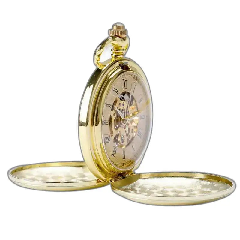Chique heren mechanisch zakhorloge, elegant open gouden zakhorloge