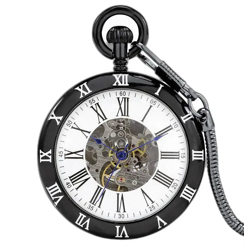 Zwart klassiek open mechanisch zakhorloge met zichtbaar mechanisme en zwarte tandwielen