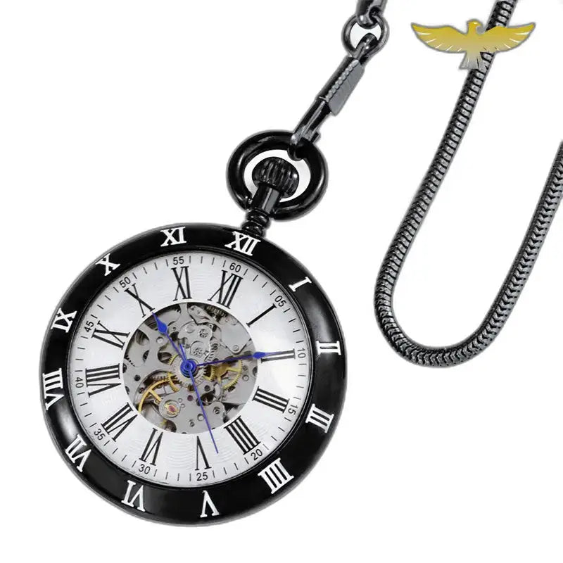 Klassiek open mechanisch zakhorloge, zwart met Romeinse cijfers en zwarte kast
