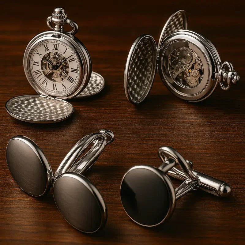 Glad spiegel luxe zilveren mechanisch zakhorloge met horloges en manchetknopen