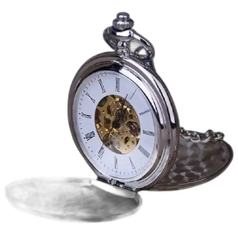 Montre Gousset Mécanique Luxe Noir Or avec chaîne dorée et mécanisme visible