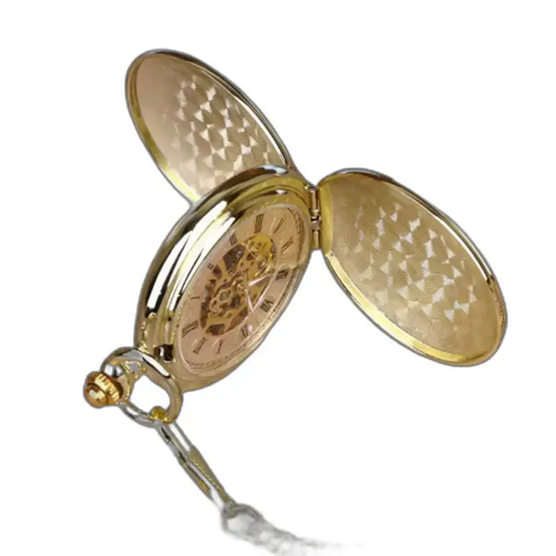 Luxe zwartgouden mechanisch zakhorloge met gouden ketting en gouden scharnierende deksels