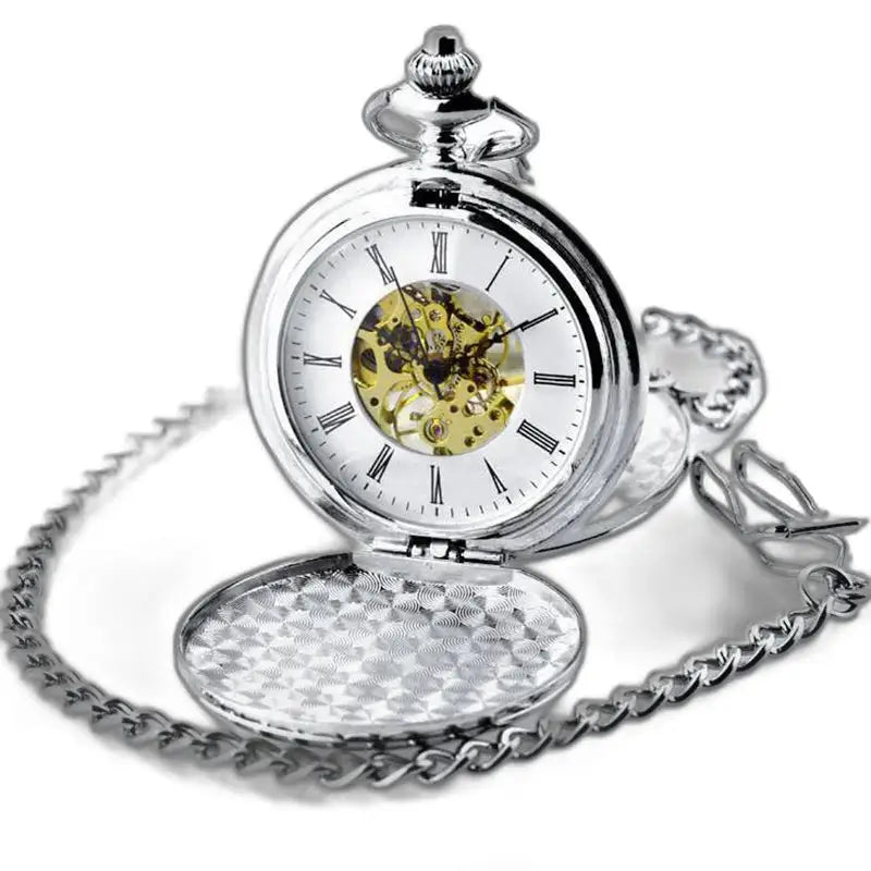 Luxe zwartgouden mechanisch zakhorloge met gouden ketting en elegante zilveren wijzerplaat