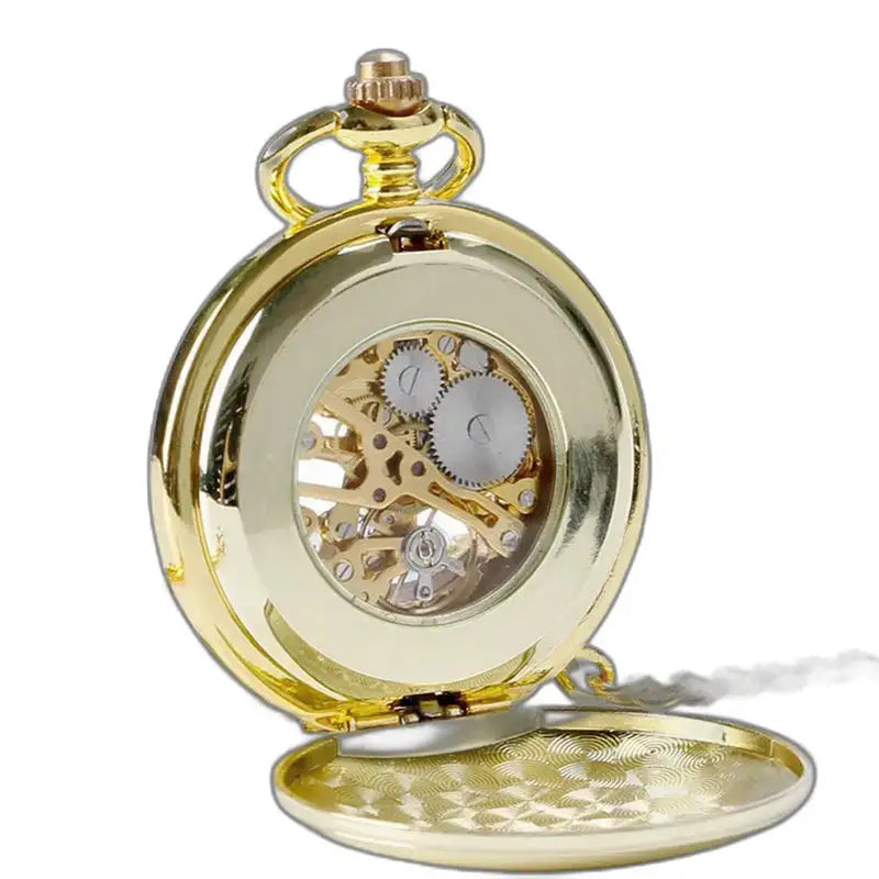 Luxe zwartgouden mechanisch zakhorloge met gouden ketting en elegant ontwerp
