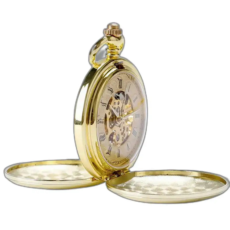 Luxe zwartgouden mechanisch zakhorloge met gouden ketting en elegant ontwerp