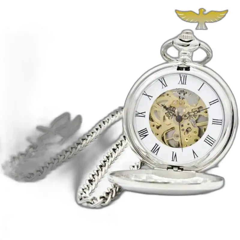 Luxe zwartgouden mechanisch zakhorloge met gouden ketting en elegant zilveren ontwerp
