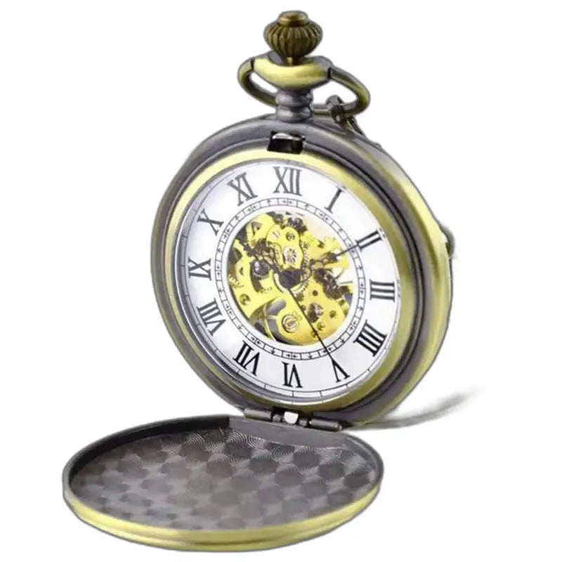 Luxe zwartgouden mechanisch zakhorloge met gouden ketting en zichtbaar mechanisme