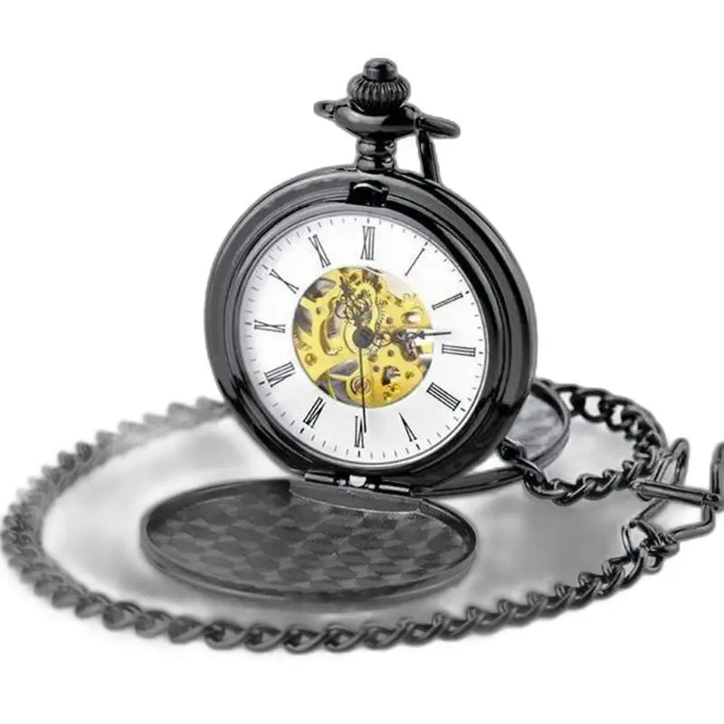 Luxe zwartgouden mechanisch zakhorloge met gouden ketting en elegant ontwerp