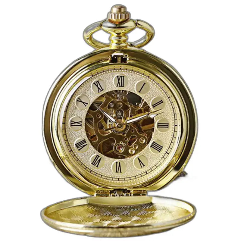 Luxe zwartgouden mechanisch zakhorloge met gouden ketting en elegant ontwerp