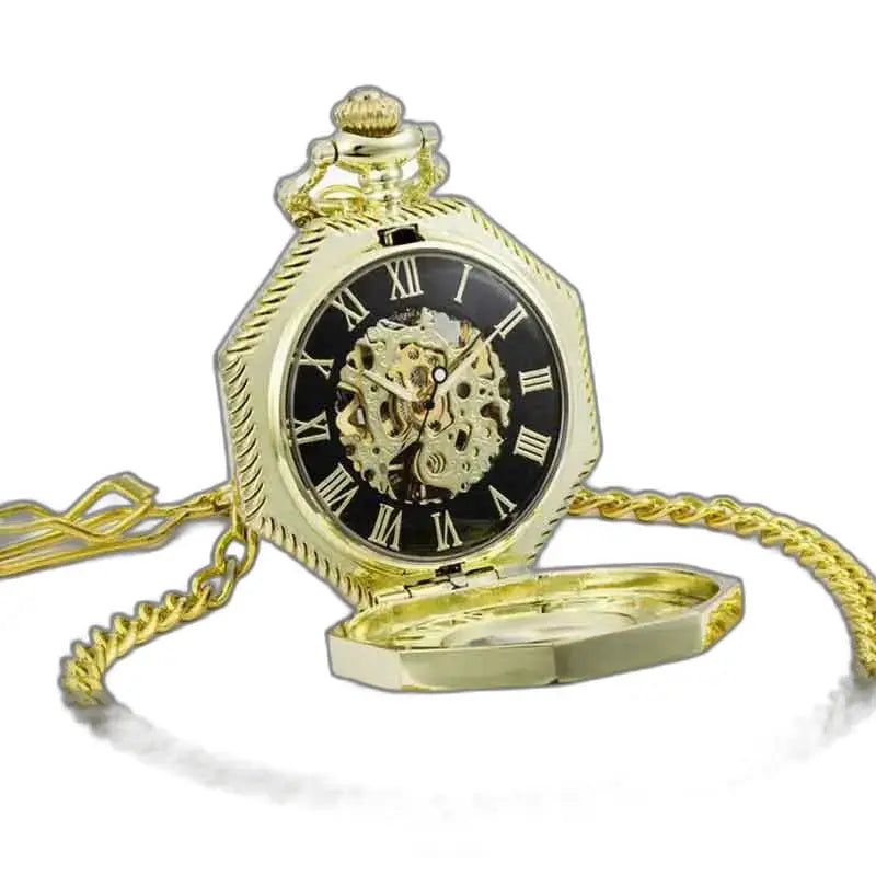 Gouden achthoekig mechanisch zakhorloge met gouden ketting en elegant ontwerp