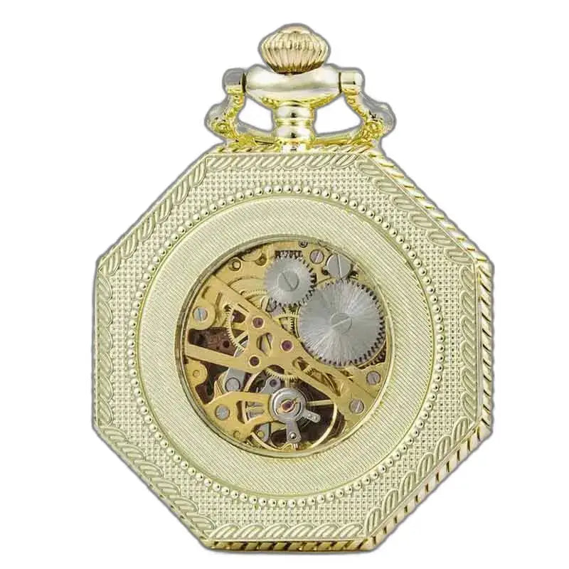 Gouden achthoekig mechanisch zakhorloge met zichtbaar gouden mechanisme