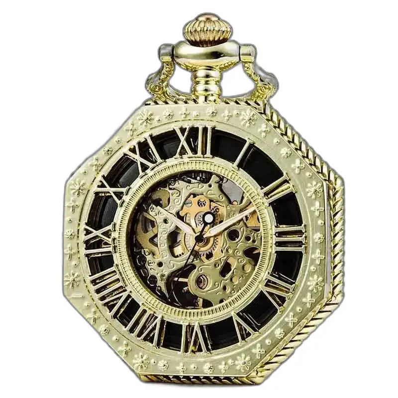 Gouden achthoekig mechanisch zakhorloge met een elegant gouden ontwerp