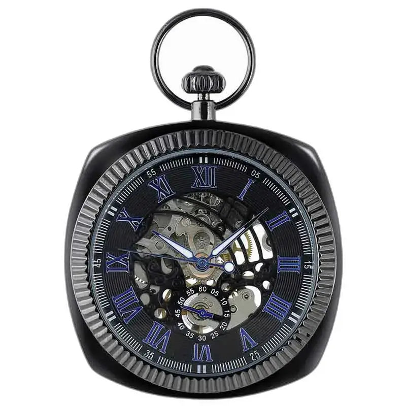 Elegant modern zakhorloge voor heren met een geskeletteerde zwarte wijzerplaat