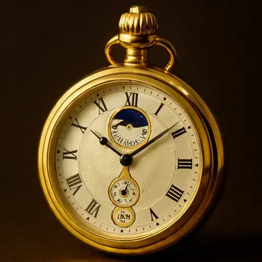 Luxe zilverbrons maanfasezakhorloge met gouden wijzerplaat en Romeinse cijfers