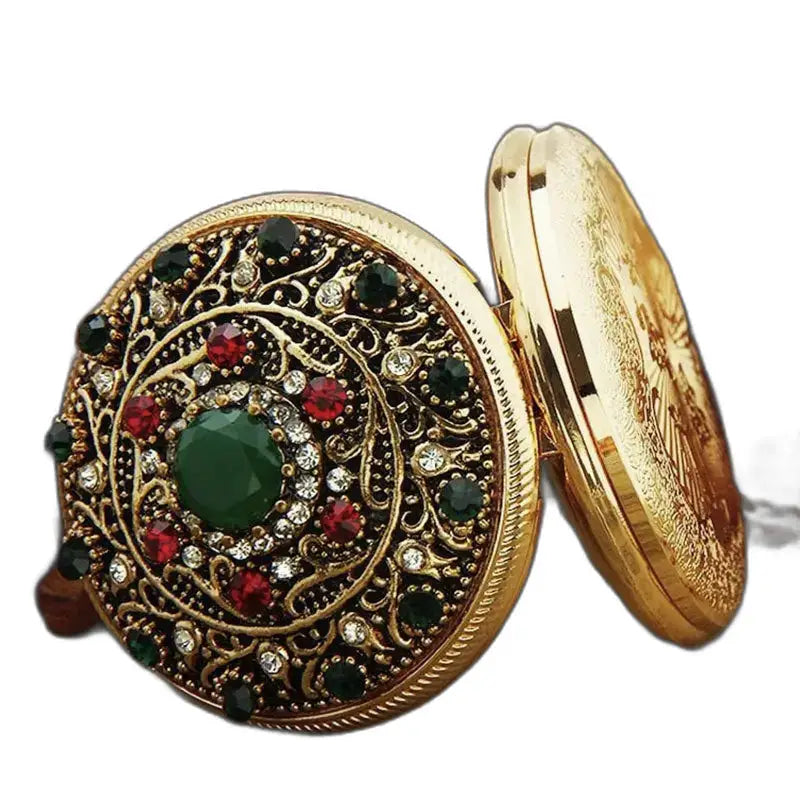 Gouden en stenen kettingzakhorloge met elegante kleurrijke edelstenen
