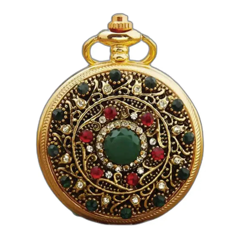Kettingzakhorloge van goud en edelsteen met sierlijk ontwerp