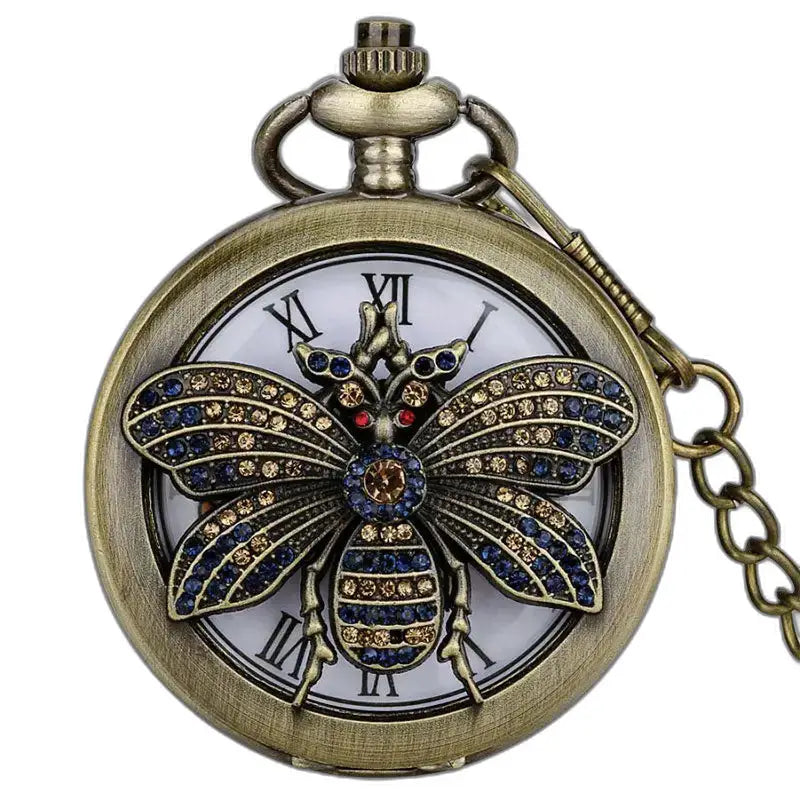 Vlinderkwartszakhorloge met kostbare bij in antiek brons