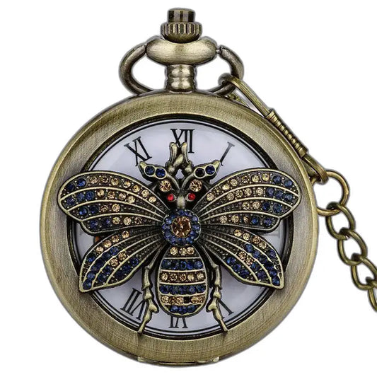 Vlinderkwartszakhorloge met kostbare bij in antiek brons