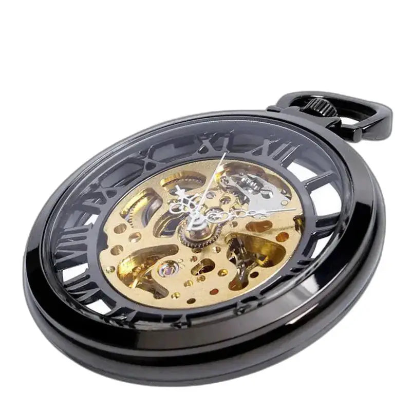 Modern zilveren skeletzakhorloge voor heren, met een zwarte skeletachtige wijzerplaat