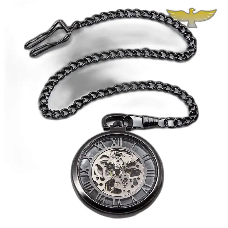 Heren Dames Automatisch Skeleton Zakhorloge, zakhorloge met zwarte ketting