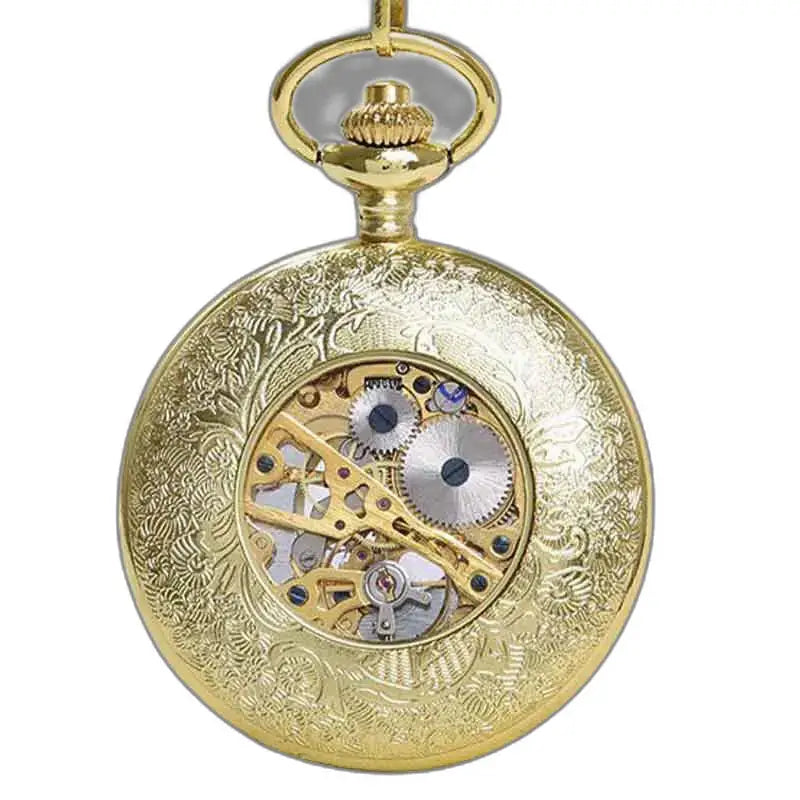 Steampunk zakhorloge in goud, met zichtbaar mechanisme en uitgebreide tandwielen