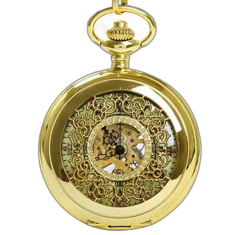 Steampunk zakhorloge in goud, zichtbaar mechaniek, echt goudklompje