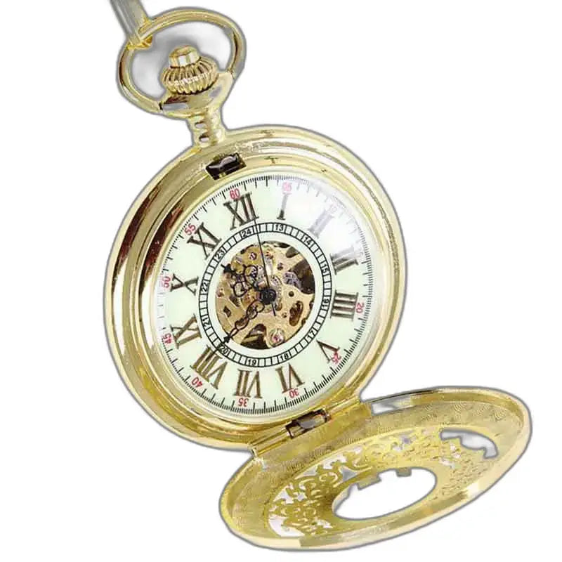 Steampunk zakhorloge met zichtbaar goudmechanisme, een echt goudklompje