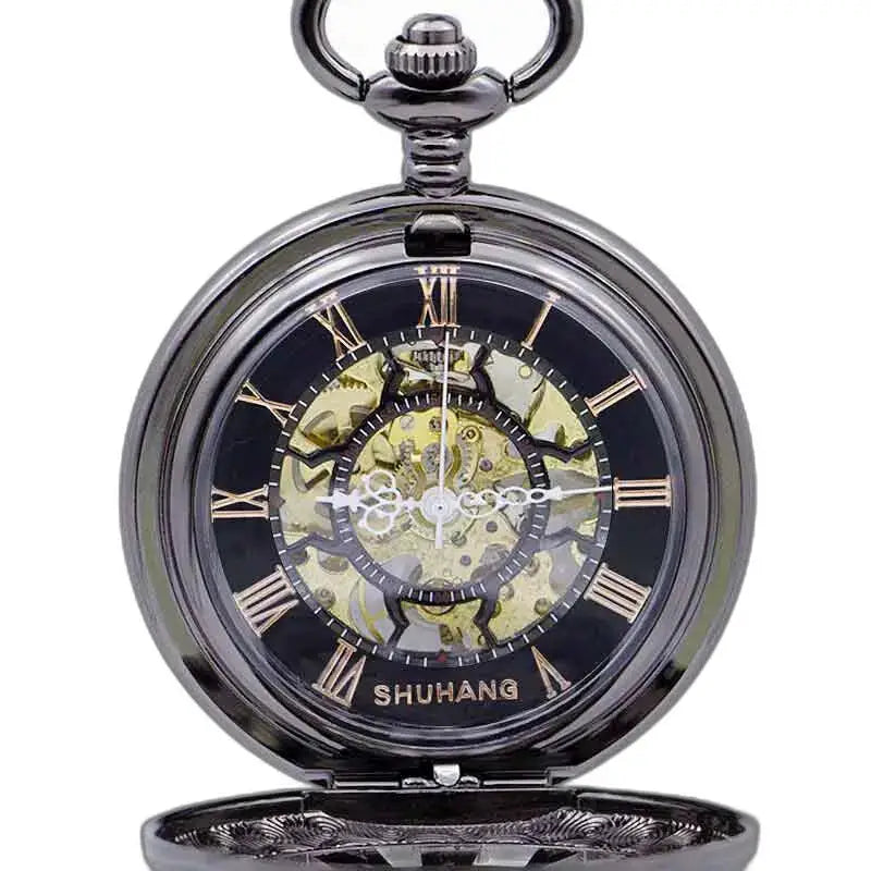 Steampunk zakhorloge met getande tandwielen, zwart skeletzakhorloge