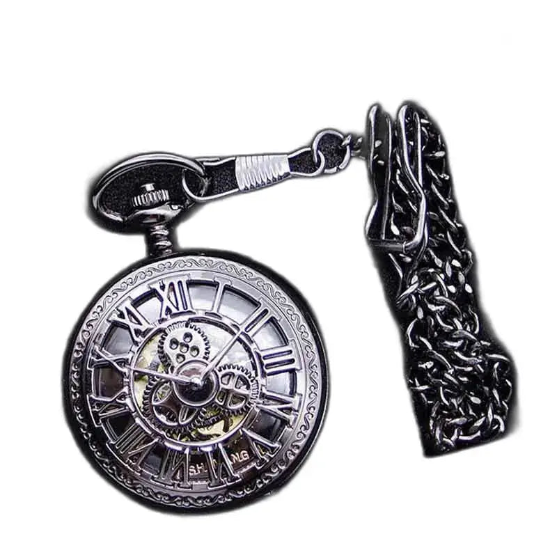 Steampunk zakhorloge met zilveren tandwielen en zichtbare ketting