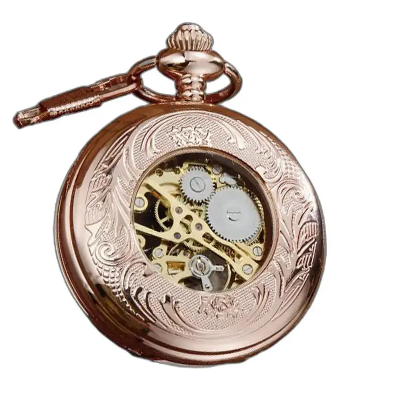 Steampunk luxe handgemaakt mechanisch zakhorloge in roségoud met zichtbaar mechanisme