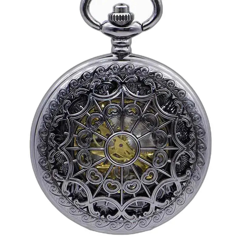 Steampunk nikkelzilveren zakhorloge met zichtbaar mechanisme in sierlijk zilver