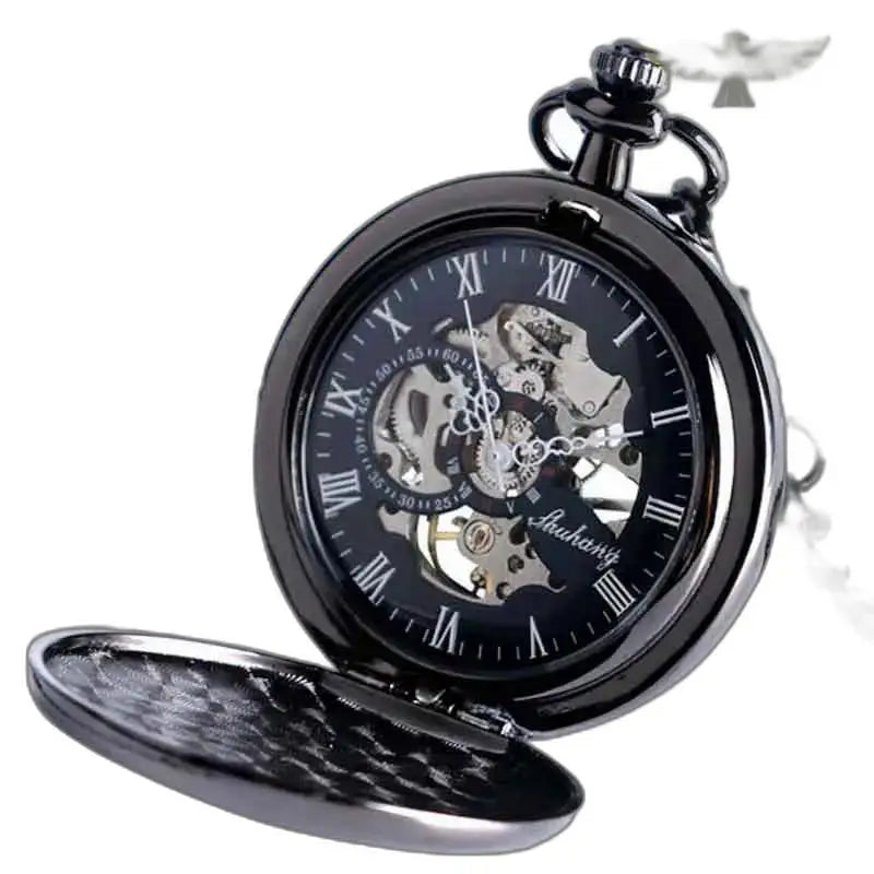 Blauw saffier mechanisch steampunk zakhorloge met een elegant zwart ontwerp