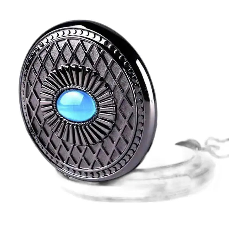 Zwart metalen hanger met blauwe saffier voor elegant steampunk zakhorloge