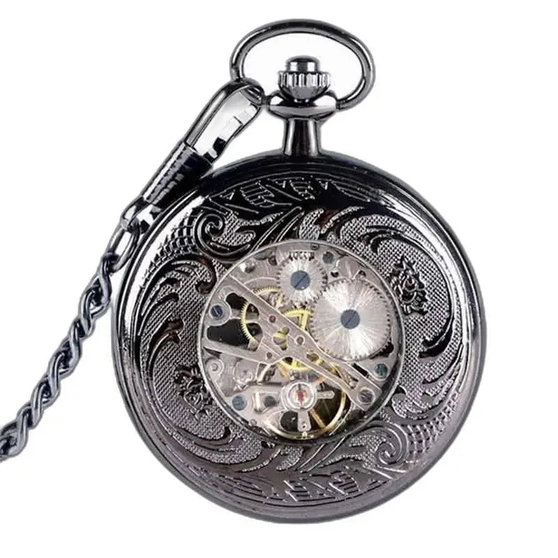 Steampunk mechanisch zakhorloge blauwe saffier met zichtbare tandwielen in zwart versierd