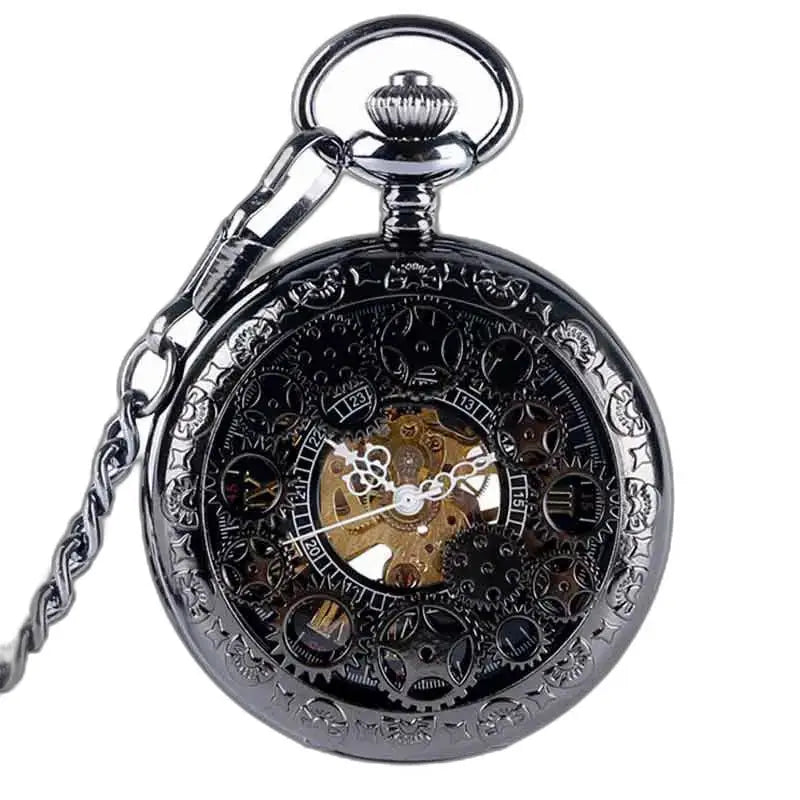 Steampunk zakhorloge met zichtbaar mechanisme en elegante zwarte ketting