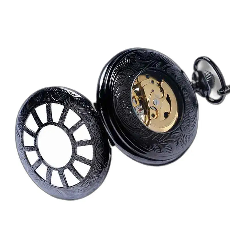 Vintage futuristisch Steampunk-zakhorloge met een strak sierlijk zwart ontwerp