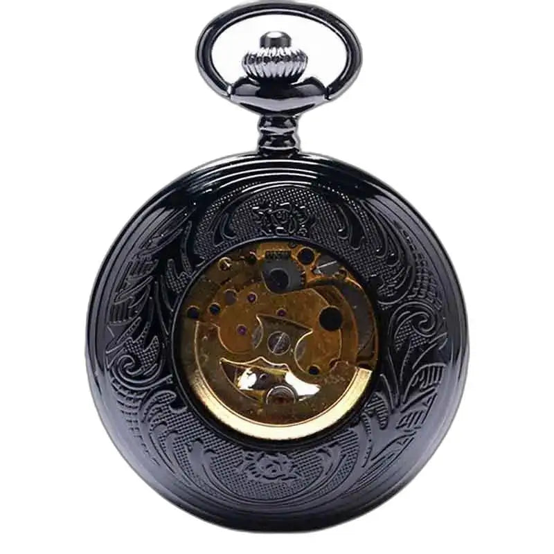 Futuristisch vintage Steampunk-zakhorloge met een elegante sierlijke zwarte wijzerplaat