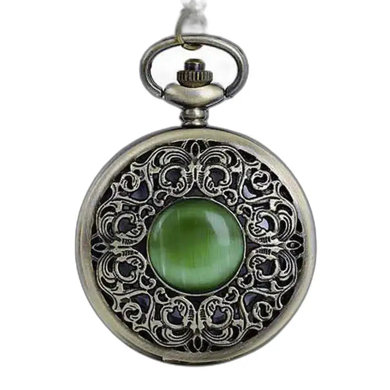 Bronzen hangerhorloge met groene steen met quartz uurwerk, elegant sierlijk ontwerp