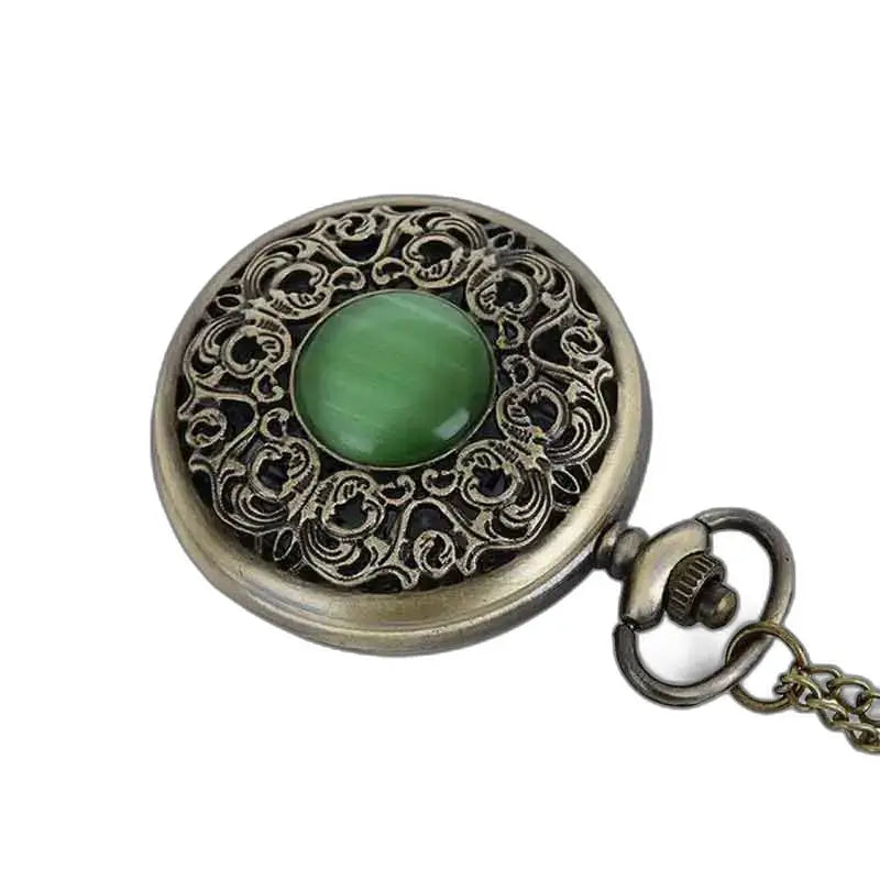 Bronzen hangerhorloge met groene steen en quartz uurwerk, elegant en verfijnd