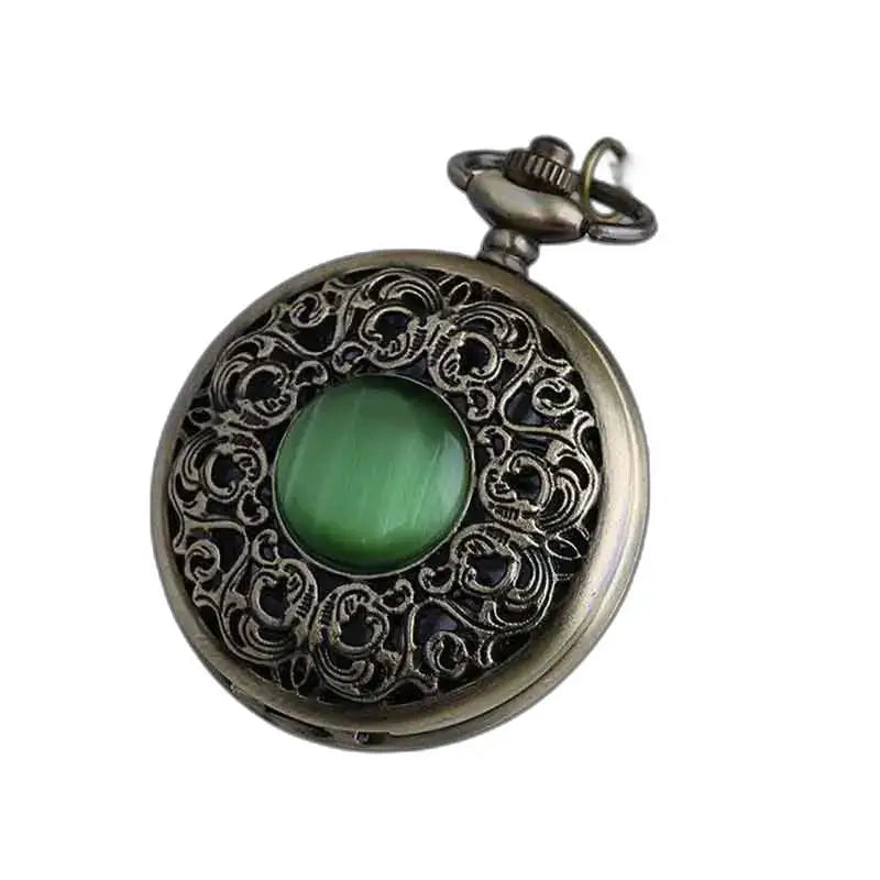 Bronzen hangerhorloge met groene steen en elegant quartz uurwerk