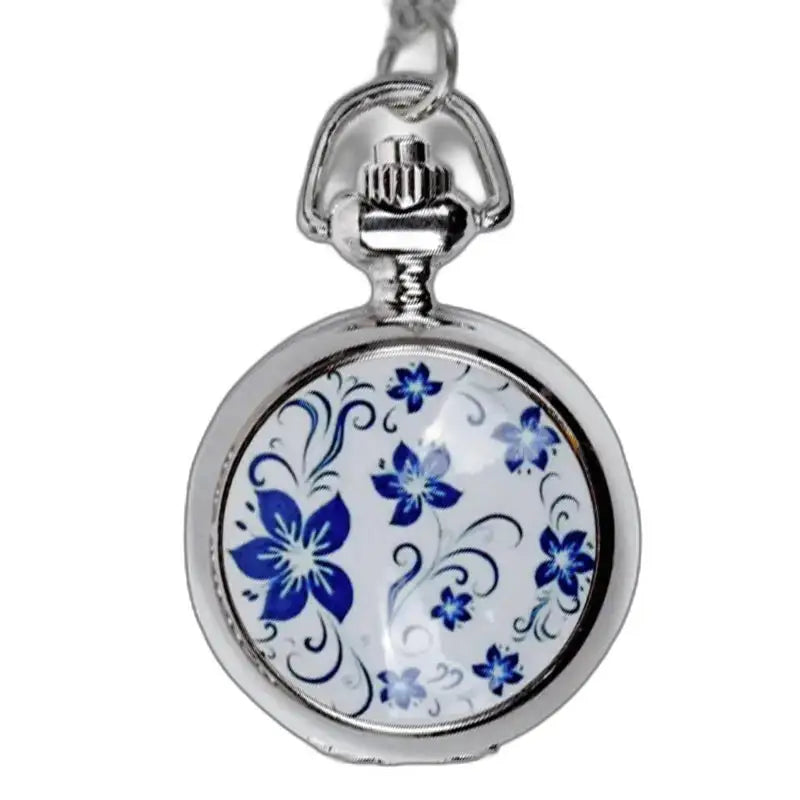 Chique dameshorloge van keramiek met blauwe bloemen en quartz uurwerk