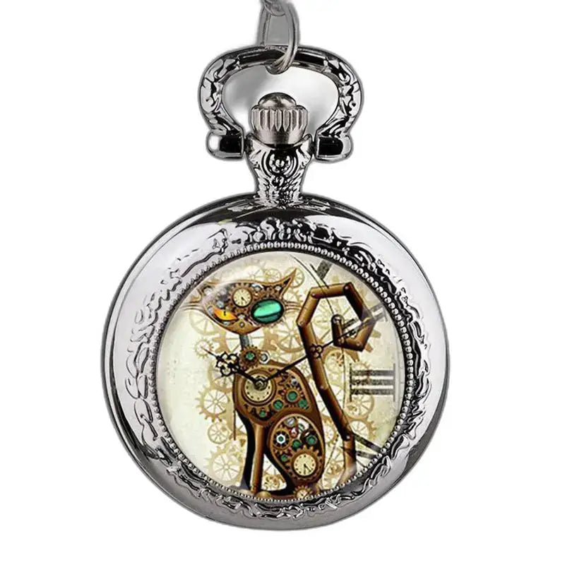 Roestvrijstalen kat-hangerhorloge met analoog mechanisme in Steampunk-stijl