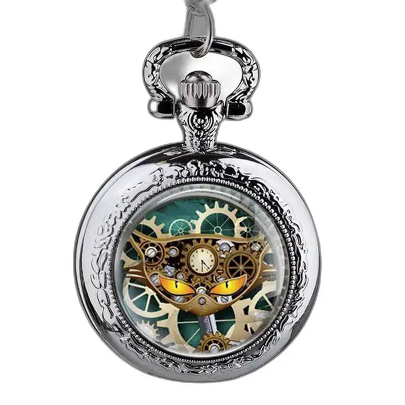 Roestvrijstalen kattenhorloge met analoog mechanisme en Steampunk kattengezicht