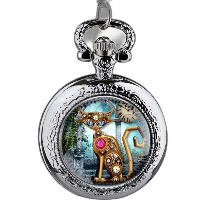 Horloge van roestvrij staal met kathanger en Steampunk-katontwerp in zilver