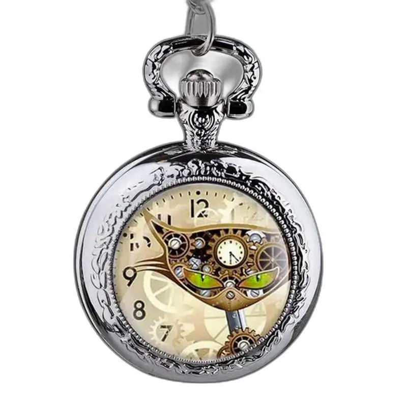 Roestvrijstalen kat-hangerhorloge met analoog Steampunk-mechanisme