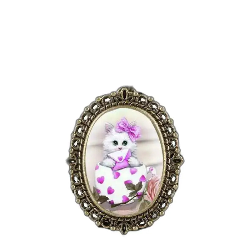 Ovale broche met kitten-ontwerp, schattig roze Kitty Kitten-hangerhorloge