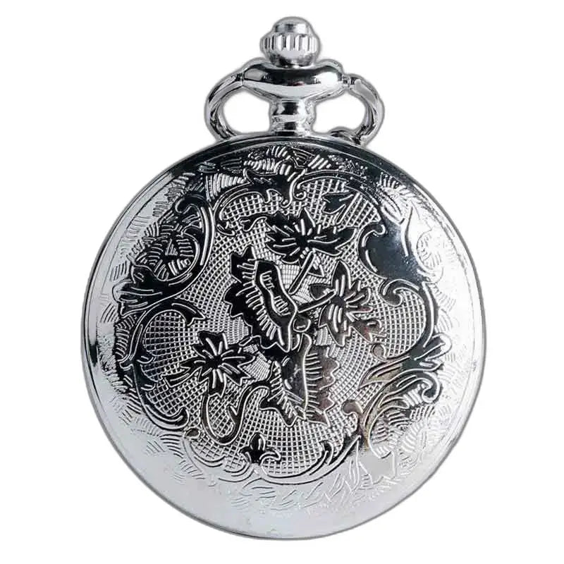Elegant zilveren hangerhorloge met ketting en zilveren bloemengravure